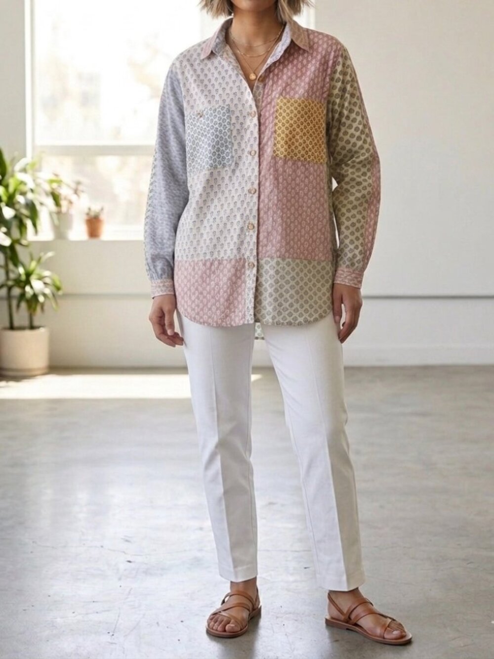 Sacred Threads Woman's Medium Patchwork Button Down Shirt Boho Festival Hippie